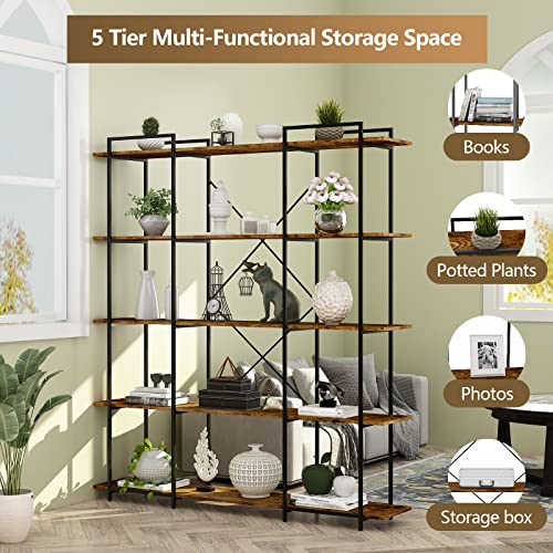 Auromie Triple Wide 5 Tier Bookshelf, 70.8’’ H X 63’’ W Rustic Etagere Bookcase Garage Storage Shelf Rack, Industrial Freestanding Display Shelf, Extra Large Storage Rack Shelving Unit For Home Office #TOP5