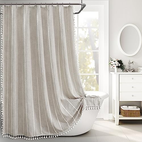 Awellife Farmhouse Shower Curtain with Tassels - Premium Quality Heavy Duty Cotton Linen Shower Curtain Set Boho Chic Rustic Cottage Bathroom Decor, Waterproof & Washable - Thumbnail 2