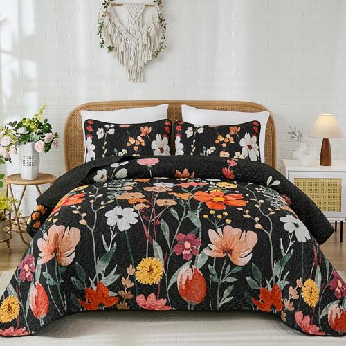 Anibedding Floral Quilt Set Queen, 3 Pieces Black Lightweight Bedspread