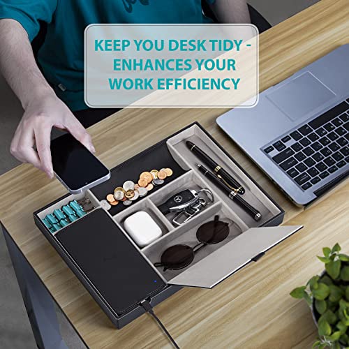 Valet Tray, Nightstand Organizer with Wireless Charger Pad for iPhone 16/15/14/13/12/11 Series, Valet Charging Station, Faux Leather Valet Tray for Men and Women
