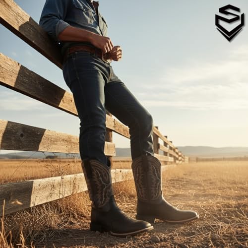 Image of SUREWAY Western Boots For Men - Mens Square Toe Cowboy Boot, Oil /Slip Resistant, Durable Fashionable Classic Pull on 10 Inch Mid-Calf Wellington Boots