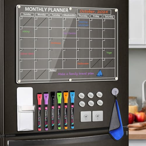 LISSCHANN Acrylic Magnetic Calendar for Fridge 16 x 12 Clear Monthly Planner Dry Erase Board for Refrigerator W/ 6 Chalk Markers Pen Holder Adhesive Wall Screws and Towel
