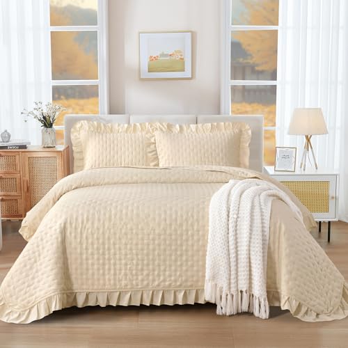 WONGS BEDDING Tagesdecke 220x240 Creme 3 Teilig mit 2 Kissenbezug 50x75 – Ansicht 2