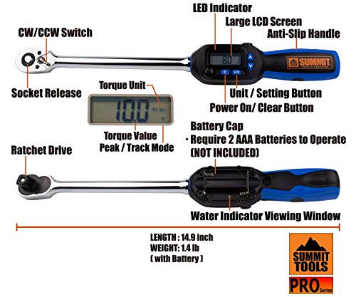 Summit Tools 1/2 Inch Digital Torque Wrench, 5-99.5 Ft-Lbs (6.8-135 N-M) Torque Range, Sequential Led And Buzzer, Calibrated (Wsp4-135Cn) #TOP2