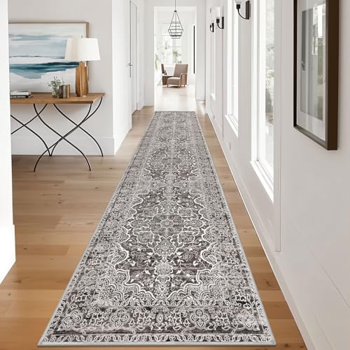 KUTA Vintage Washable Runner Rug 2.6x12, Non-Slip Hallway Kitchen Rugs Tan Grey with Rubber Backing, Ultra Soft Printed Distressed Modern Medallion Extra Long 12ft Runners Indoor for Bedroom