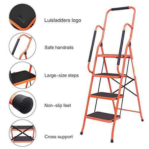 LUISLADDERS 4 Step Ladder Safety Tool Ladder Folding Anti-Slip Step Stool Ladder Padded Side Handrails with Large Area Pedals for Kitchen Home and Office 330lbs (4 Step)