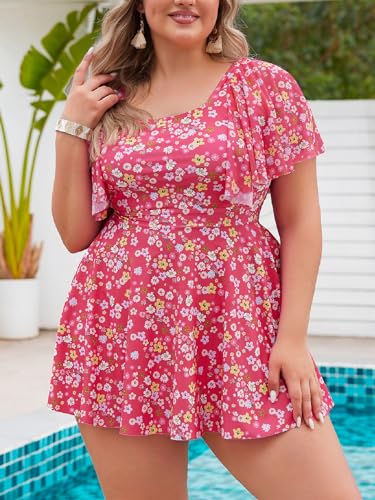 MakeMeChic Women's Plus Size 2 Piece Swimsuit Floral Flutter Sleeve Swim Top with Bikini Bottom Bathing Suits Set Hot Pink 2XL - Image 3