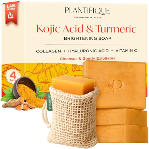 PLANTIFIQUE Turmeric & Kojic Acid Soap | Savon Visage Corps au Curcuma avec Sac Filet | Skincare Coréenne Anti Tache Antiseptique Femme Homme | Savon...