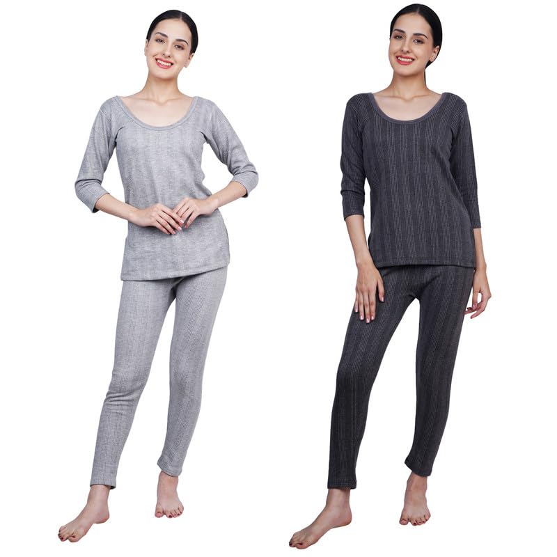 wako Women Full Sleeve Thermal Set Lite Grey Dark Grey Cotton Blend Innerwear Body Warmer Comfortable Stylish Thermal Top and Bottom Combo for Ladies Winter Cold Protection-picture-48