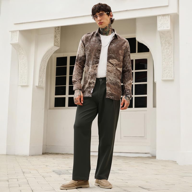 Image of CAHOOT Men's Trousers | Mid-Rise, Straight Hem, Button Closure, Straight-Fit | Solid Plain | Polyester Blend Trouser for Casual Wear