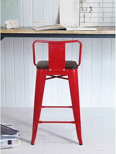 Vista 179 de GIA Taburete de metal con respaldo bajo de altura de mostrador de 24 pulgadas con asiento de cuero vegano, color plateado