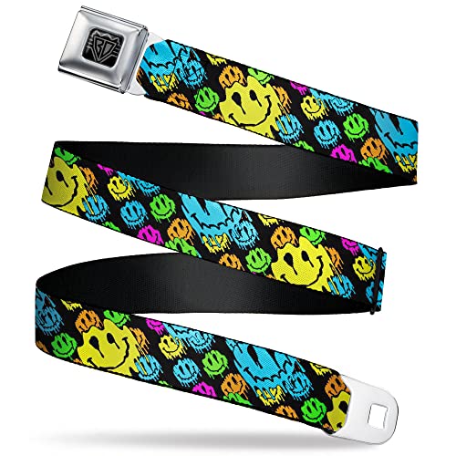Buckle-Down Belt, Seatbelt Buckle Belt, Smiley Faces Melted Stacked Black Multi Neon, Youth 20 to 36 Inches