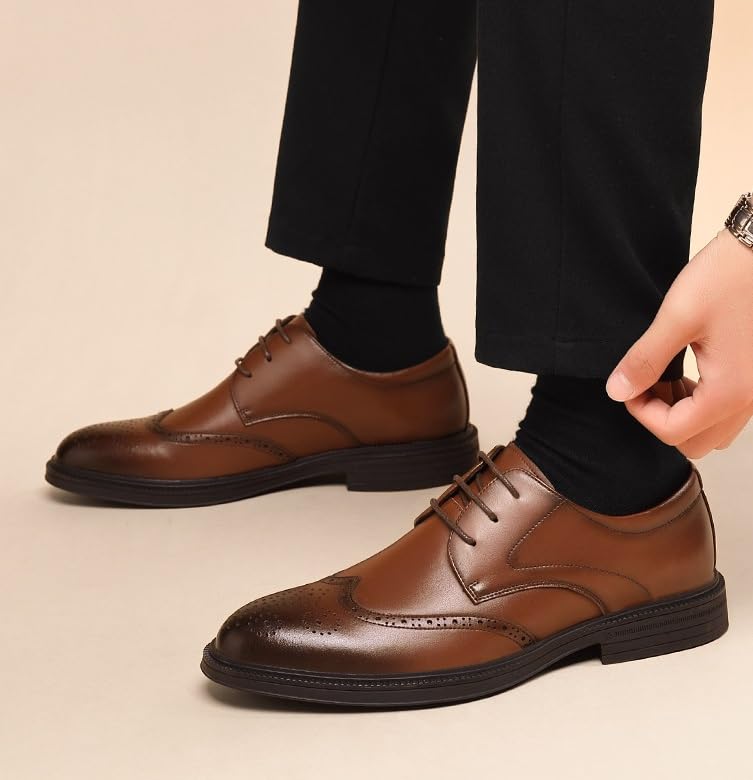 Men Black Dress Shoes Lace-up Block Mid-Heel Leather Shoes Classic Formal Tuxedo Derby Shoes(8.5) 5