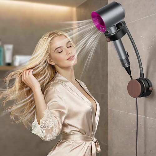 SEANCHEER Hands Free Hair Dryer Holder Wall Mount 360 Rotating Adjustable Height Suction Cup Blow Dryer Holder No Drill Installation Damage-Free Wall with Cord Storage for Most Hair Dryers