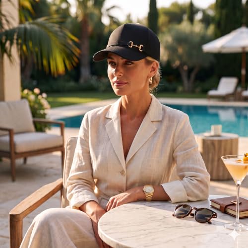 Gorra negra elegante para mujer con adorno dorado miniatura 2