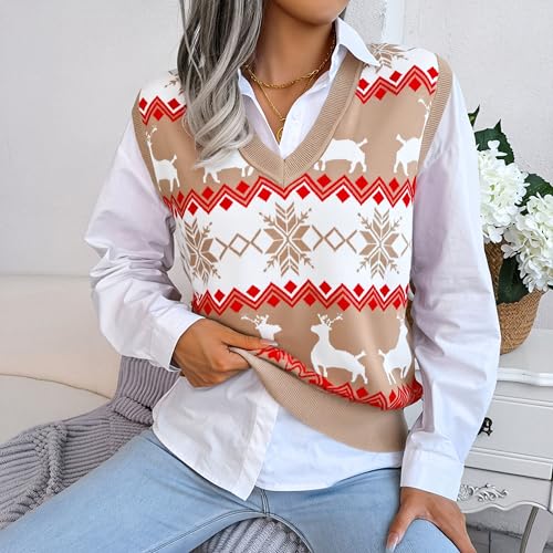 Image of JULYCLO Christmas Sweater Vest Women Ugly Xmas Reindeer Knit Sweaters Casual Santa Snowflake V Neck Sleeveless Outwear Tops