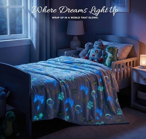 Image of BSB HOME Glow in The Dark Kids Blanket, Soft Flannel Fleece Luminous Blanket for Boys & Girls, Cozy Lightweight Kids Throw for Bed - 42 x 60 in (107 x 152 cm) (Gaming Theme - Slate Grey)