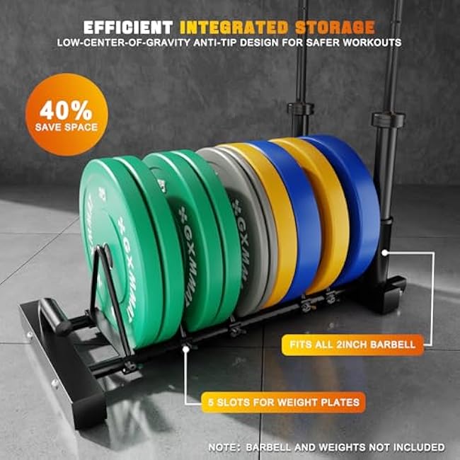 GXMMAT Horizontal Olympic Weight Plate Rack | 330lbs Capacity Powder-Coated Steel Frame | 4 Plate Storage Slots + 2 Barbell Holders | Adjustable Slot Spacing | Includes Wheels & Non-Slip Handles