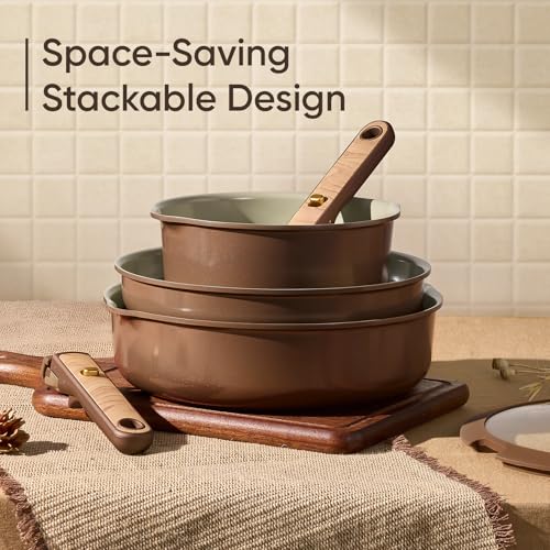Image of CAROTE Ceramic Cookware Set, Pots and Pans Set Non Stick with Detachable Handle, RV Kitchen Cooking Set, Induction & Oven Safe, PFAS and PFOA Free, Pistachio Green 19 Pcs
