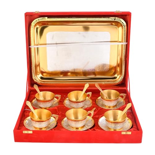 Image of Silver Plated Cup Saucer Set with Tray in Velvet Box | Cup Saucer Set of (6 Cups + 6 Saucer 6 Spoon + 1 Tray) | Luxury Handcrafted | Dishwasher Safe | Ideal for Daily Use & Gifting |