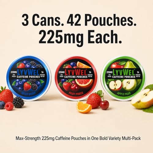Image of LyvWel 225mg Caffeine Pouches, Guarana-Powered Energy Pouches, Nootropic Pouches, Nicotine Free Pouches & Tobacco-Free, 3-Pack Variety Pack, 42 Pouches