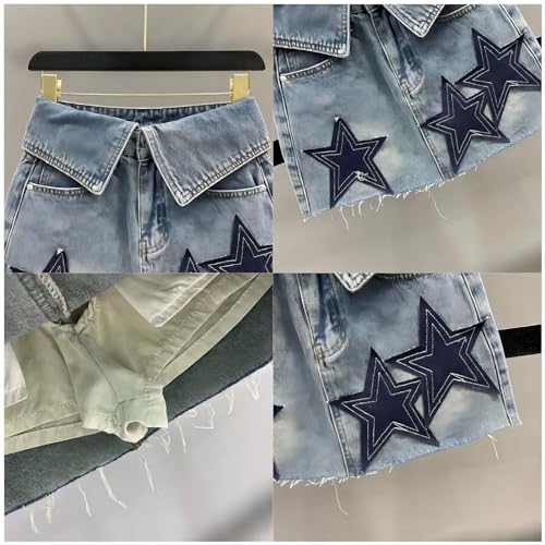 Folded Waist Star Patch Denim Short Skirt for Women Summer Retro Spicy A-Line Half Body Skirt2