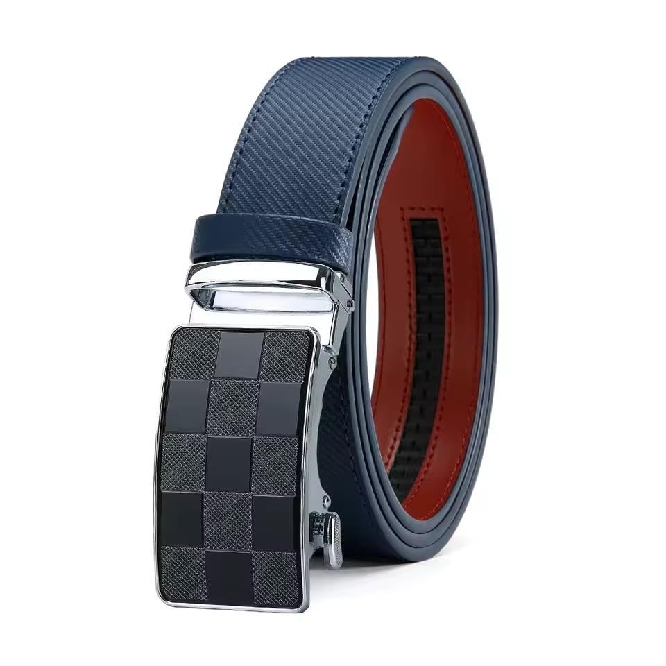 Men's Leather Ratchet Belt with Checkered Automatic Buckle, Navy Blue and Red Reversible, Business Casual