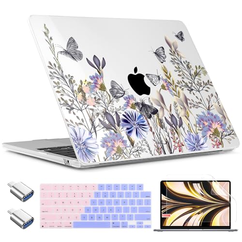 TWOLSKOO Compatible with M4 MacBook Air 15 inch Case 2025-2023 Released Model M4 A3241 M3 A3114 M2 A2941, Plastic Hard Shell & Screen Protector & Keyboard Cover & Type C Adapter, Garden Flower