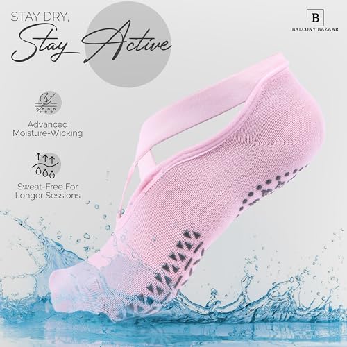 Image of Pilates Grip Socks with Straps for Women - 3 Pairs of All Black