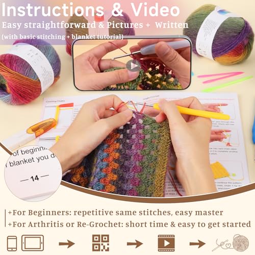 Image of Aeelike Blanket Crochet Kit for Beginners, Ombre Rainbow Blanket, Complete Starter Crochet Kit w Enough & Warm Wool Yarn, Videos Tutorials, Easy Knitting Kits for Adults
