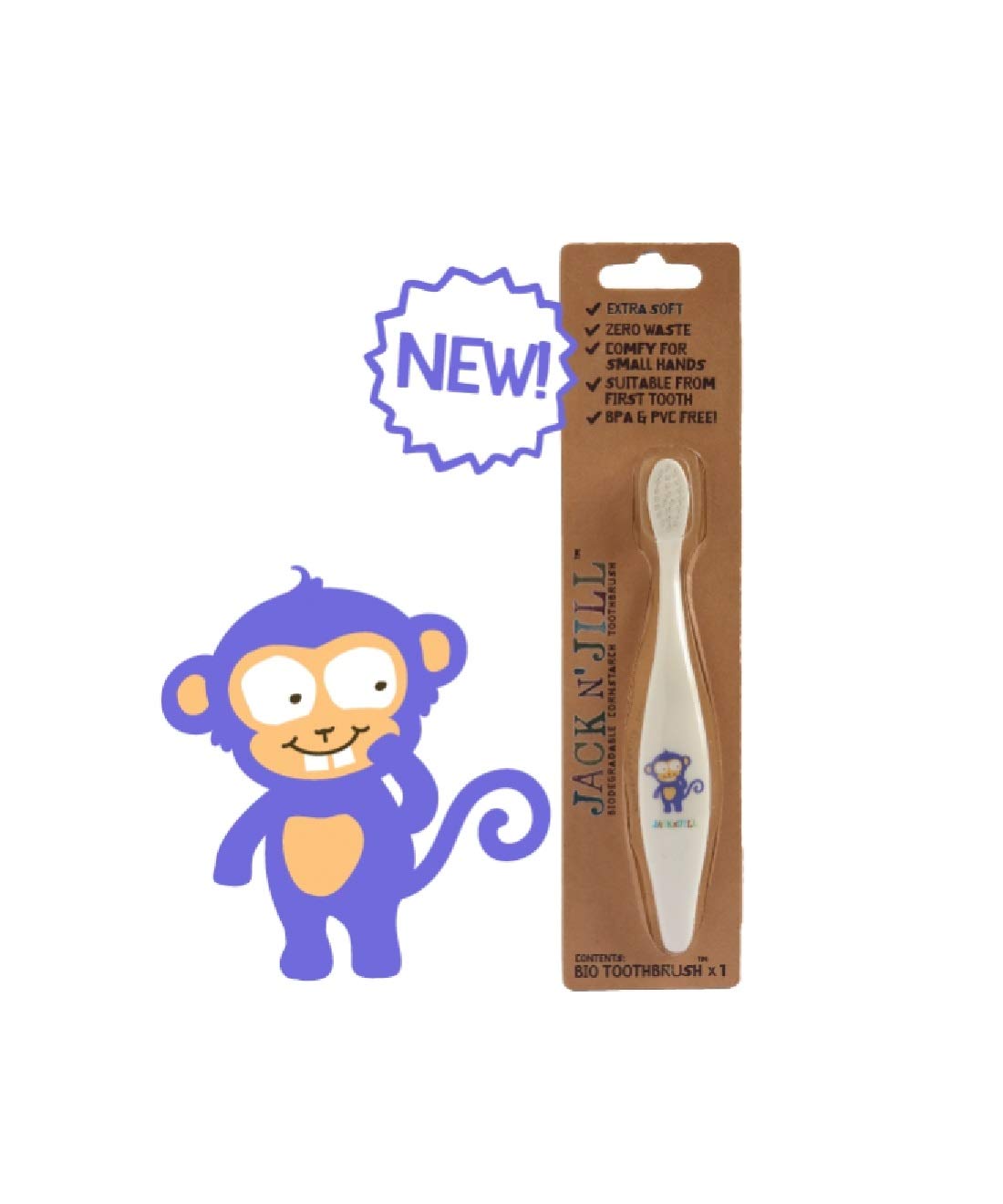 Jack N' JillKids Plastic Free Bio Toothbrush, Zero Waste Nylon Bristles Which are Soft on The Gums, Ergonomic Handles for Little Hands, Suitable from First Tooth Monkey