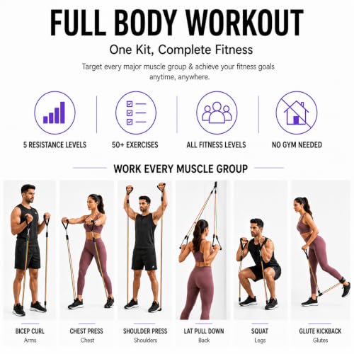 Image of Harmoni Yoga 11-in-1 Resistance Bands, Home Gym, Full Body Workout, 100LB | Includes door anchor, foam handles, ankle straps, carry bag; 100LB total resistance; ideal for men, women, all fitness levels
