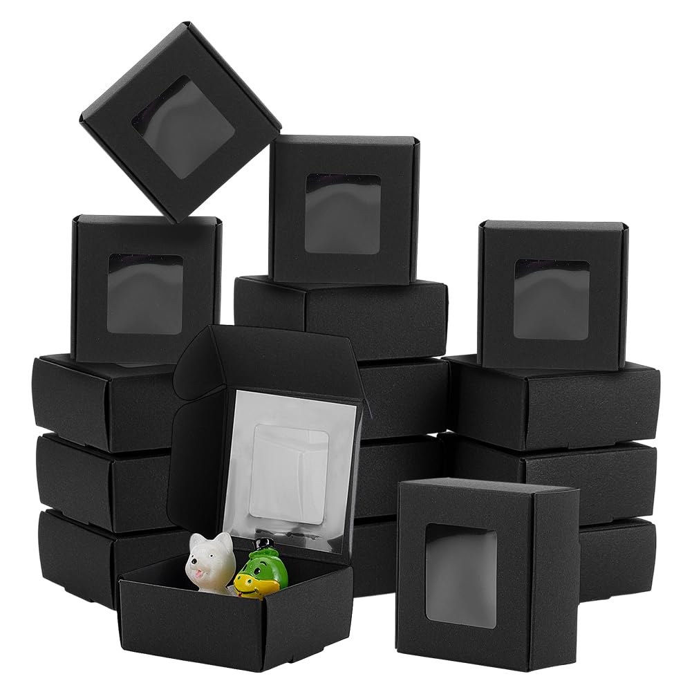 PH PandaHall 30pcs Black Gift Box Mini Paper Boxes with Window Cardboard Box Square Small Aircraft Boxes for Gift Packaging Wedding Birthday Party Favors Small Business, 5.5x5.5x2.5cm