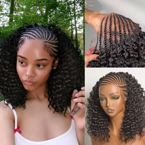 Frodio 136 Cornrow Braided Wig for Black Women Veralux Fiber 12 Inches Water Wave Lace Front Wig Pre-Cut Lace Wig Natural Look Beginner Friendly