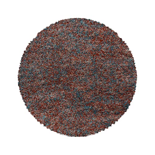 Carpetsale24 Teppich Wohnzimmer Shaggy Flokati Terrakotta - Blau - Beige 120 cm Rund Meliert Design...