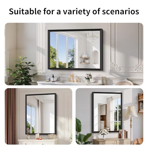 Image of DESBING Large Bathroom Mirror for Over Sink, 36 inch x 36 inch Black Square Bathroom Mirrors, Metal Ribbed Textured Framed Wall Mirror for Bathroom, Living Room, Bedroom,Dressing Room
