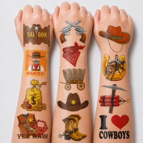 96 PCS Western Cowboy Pre-Cut Temporary Tattoos for Kids First Themed