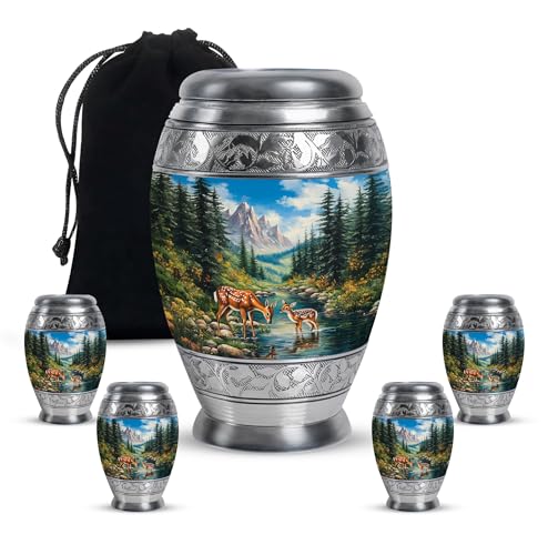 Image of Deer Urn Decorative Large Burial Urn for for Women & Men 1 Large & 4 Small | Keepsake Funeral Urns, Small Urns for Men & Women, Keepsake Urn for Mom & Dad