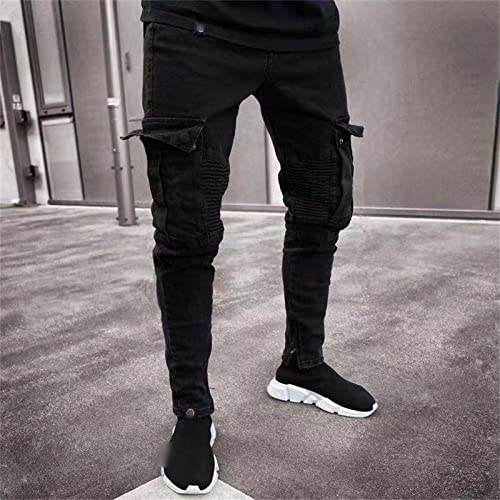 Men's Pleated Pocket Skinny Jeans Male Slim Fit Pockets Cargo Denim Pants Men Slim Fit Knee Pocket Fold Jeans4