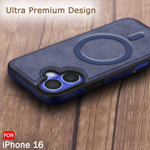 Image of TheGiftKart Genuine Leather Finish Back Cover Case for iPhone 16 | Shockproof Design | Raised Edges for Camera & Screen Protection | Stunning Minimalist Design Case Cover (Compatible MagSafe, Blue)