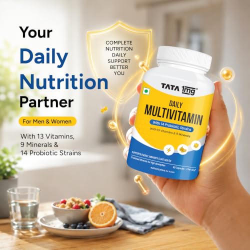 Image of Tata 1mg Daily Multivitamin with 13 Vitamins, 9 Minerals, Probiotics & Botanicals | Energy & Immunity Support | 60 Capsules