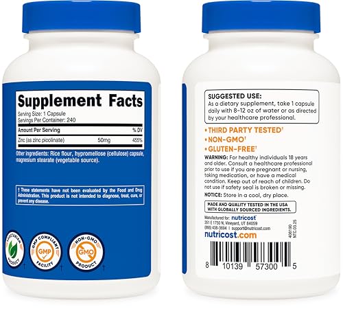 Nutricost Zinc Picolinate 50mg, 240 Vegetarian Capsules, Gluten Free - Image 4