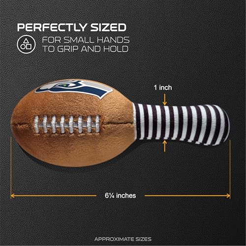 Image of Seattle Seahawks Plush Football Rattle by Smilo - Officially Licensed NFL Baby Rattle Toy - Soft Baby Rattle with Bell - for Babies and Toddlers from 3 Months