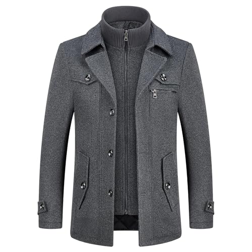 KUDORO Abrigo de hombre de lana corto de invierno casual y de negocios de ajuste regular grueso en mezcla de lana con cuello interior extraíble Parka Trench Coat, gris oscuro, M