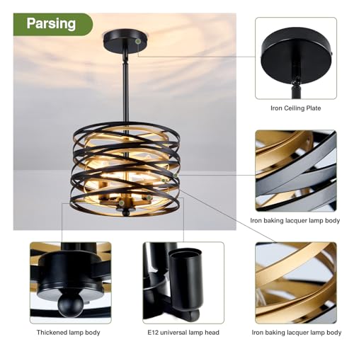 Image of 3- Light Chandeliers Industrial Metal Hanging Light Fixture 11 Inch Farmhouse Chandeliers for Dining Room Black and Gold Pendant Light for Entryway Kitchen Foyer Bedroom