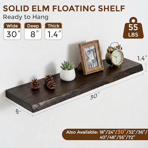 Image of Dreamland Rustic Elm Woood Floating Shelves for Wall Decor, Live Edge 30 inch W x 8 inch D H Floating Shelves Set of 2, Wall Mounted Deep Wooden Shelf for Living Room, Bedroom, Kitchen, Bathroom, Walnut