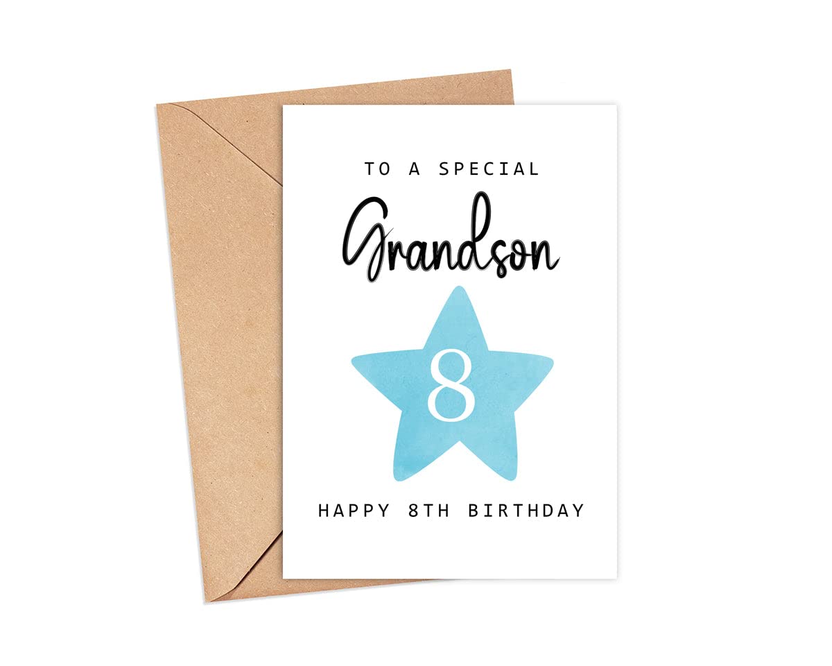 MoltDesigns To A Special Grandson - Happy 8th Birthday Card - Age 8 - Eight Year Old - Eighth Birthday Card for Boys - Cute Birthday Cards for Kids -