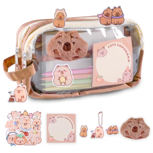 SHANFAA Cute Capybara Pencil Case Set,Transparent Capybara Pencil Pouch with Compartments,Capybara School Supplies with Stickers Pendant Cute Pins Plush and Memo Pad