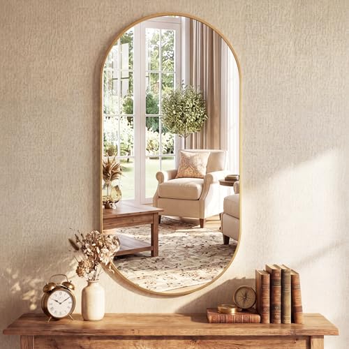 Image of Sweetcrispy 24 inch x 48 inch Gold Bathroom Mirror for Wall, Oval Wall Mirror with Metal Frame, Tempered Glass, Modern Vanity Mirror for Over Sink, Living Room, Bedroom, Entryway, Horizontal or Vertical
