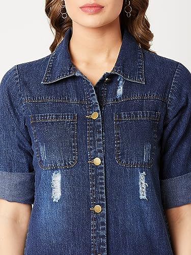 Image of Miss Chase Women's Polycotton Women Collared Full Sleeves Patch Pocket Denim Knee-Length Standard Length Jacket
